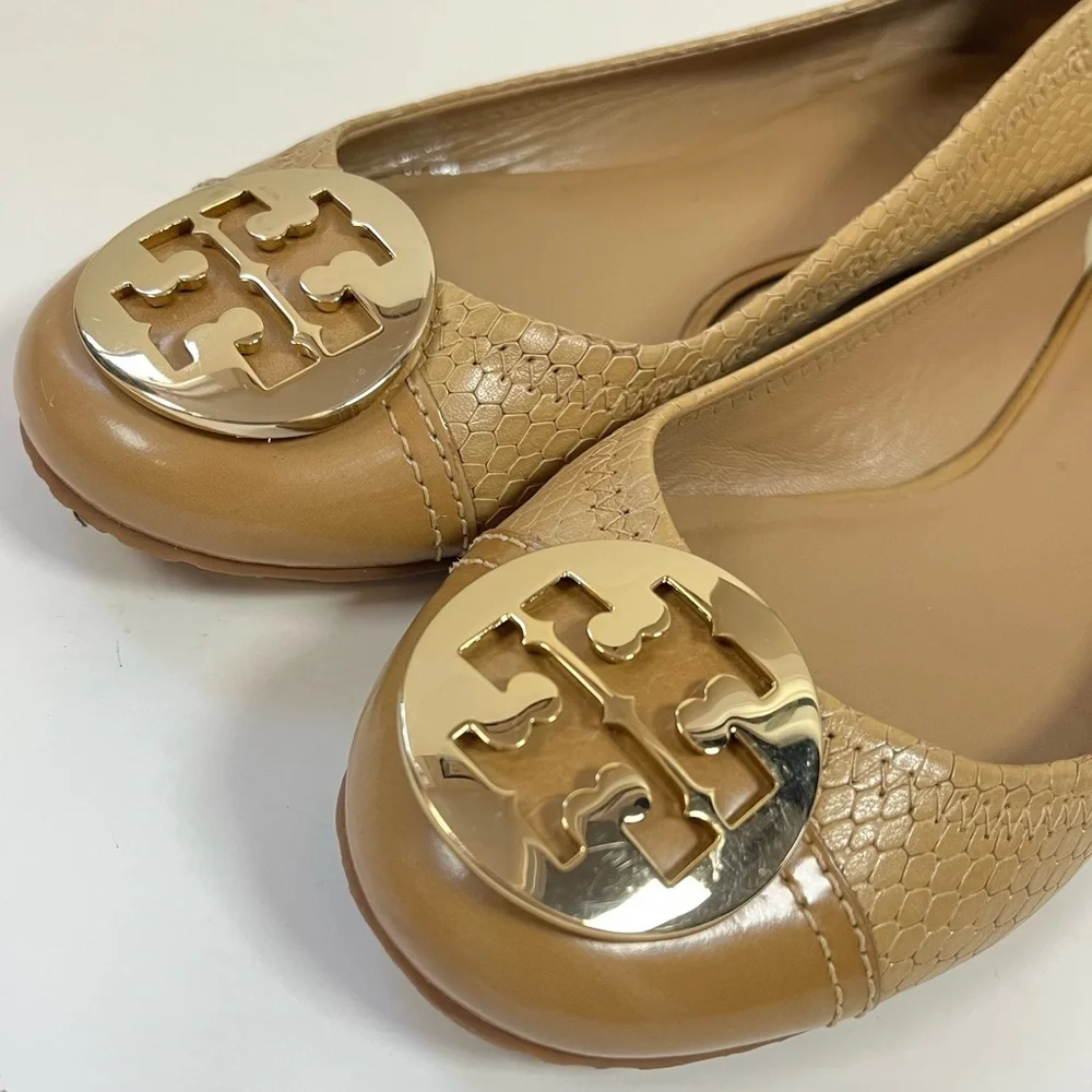 Tory Burch Reva Snake Embossed Leather Ballet Flats Tan Gold Logo 8M